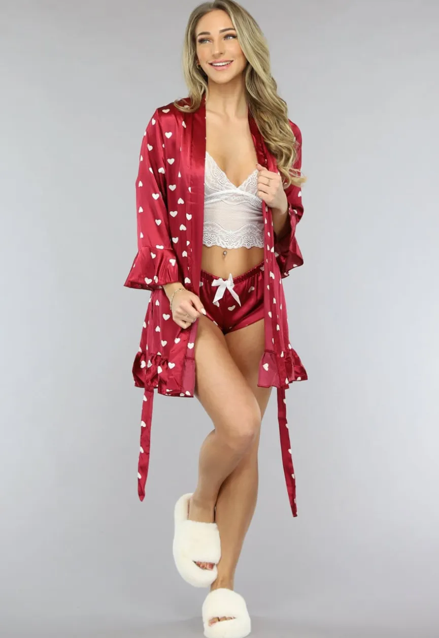 Satijnen Valentijn Pyjama Set in Wijnrood met Hartjes Kimono