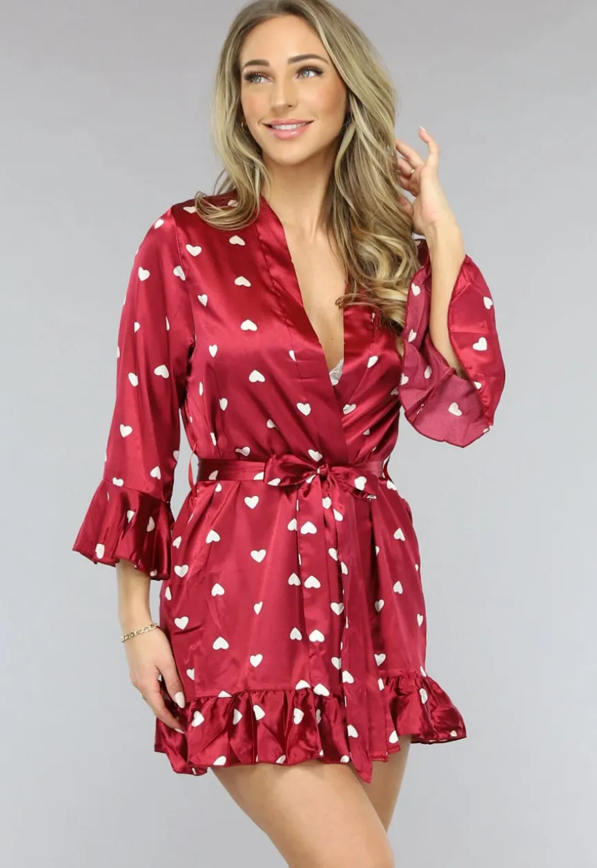 Satijnen Valentijn Pyjama Set in Wijnrood met Hartjes Kimono