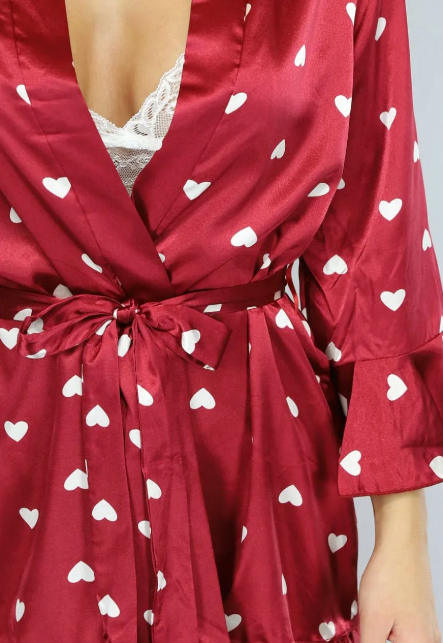Satijnen Valentijn Pyjama Set in Wijnrood met Hartjes Kimono