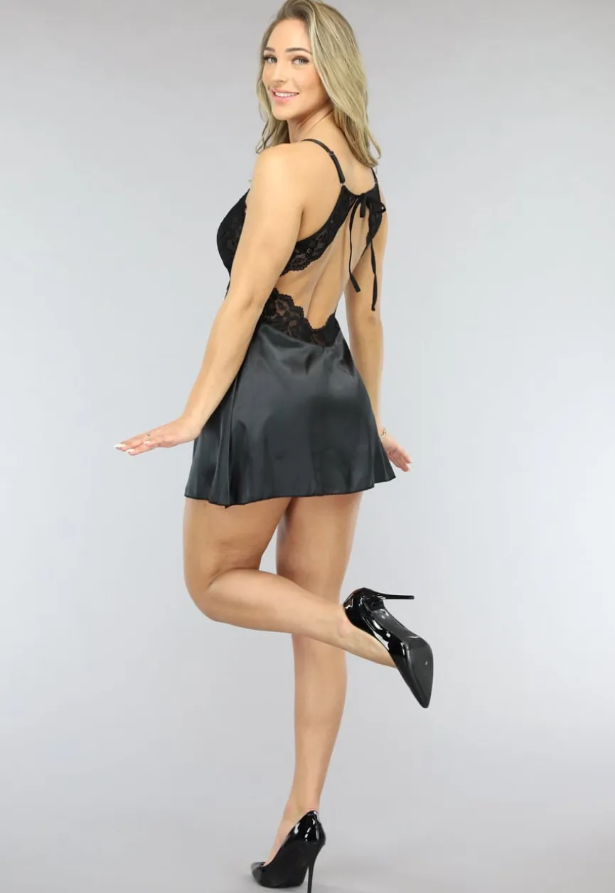 Satin Babydoll met Open Rug in Zwart