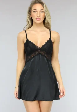 Satin Babydoll met Open Rug in Zwart
