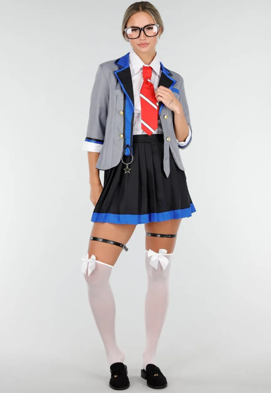 School Uniform Kostuum met Grijze Blazer Blouse Set met Rok en Stropdas