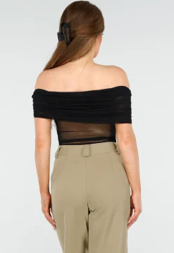 See Through Doorschijnende Zwarte Off-Shoulder Stretch Mesh Top
