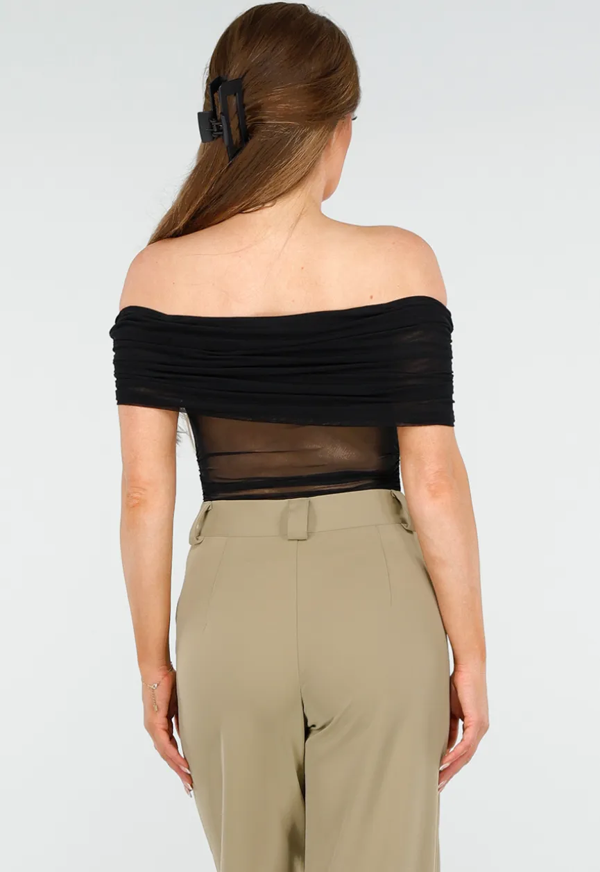 See Through Doorschijnende Zwarte Off-Shoulder Stretch Mesh Top