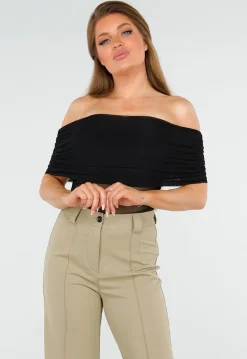 See Through Doorschijnende Zwarte Off-Shoulder Stretch Mesh Top