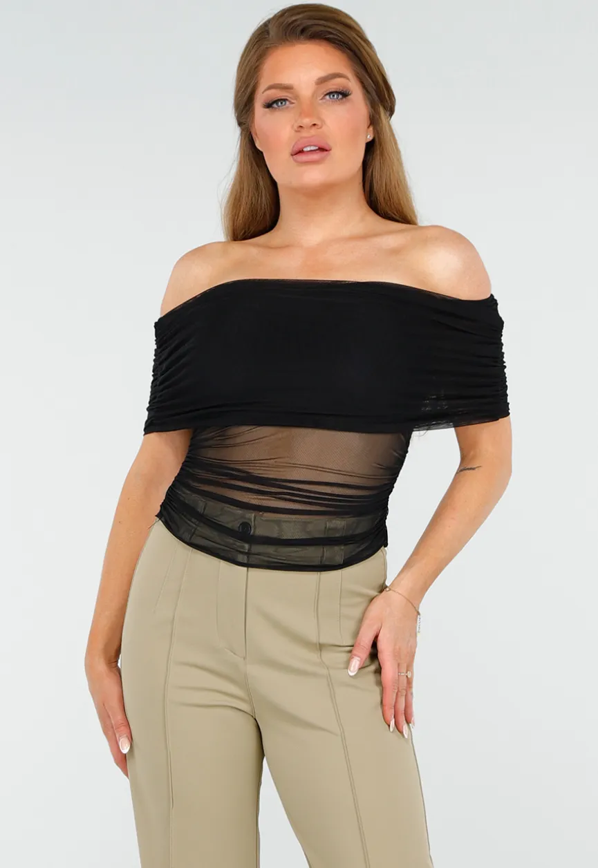 See Through Doorschijnende Zwarte Off-Shoulder Stretch Mesh Top