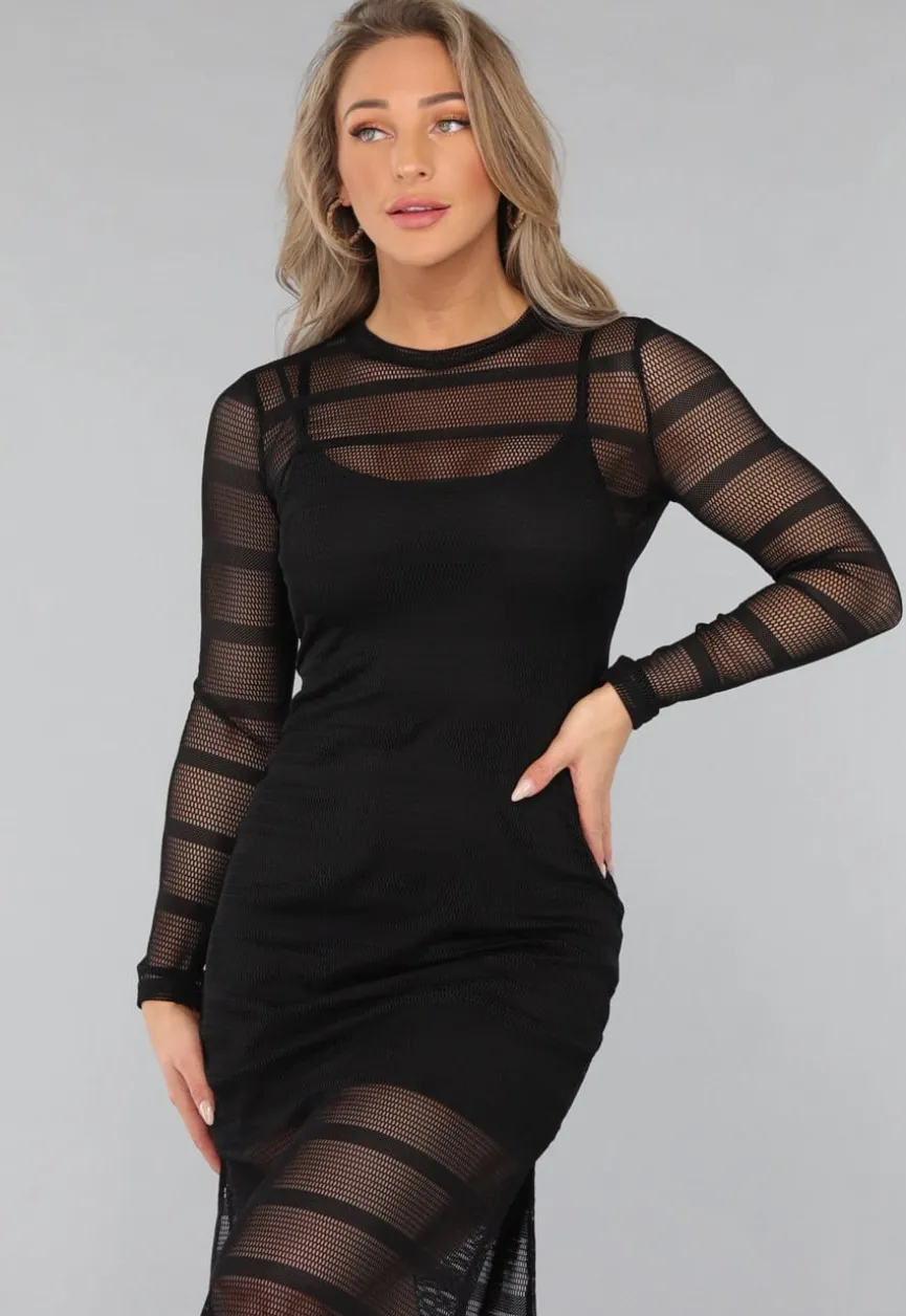 See Through Zwarte Crochet Look Jurk met Split