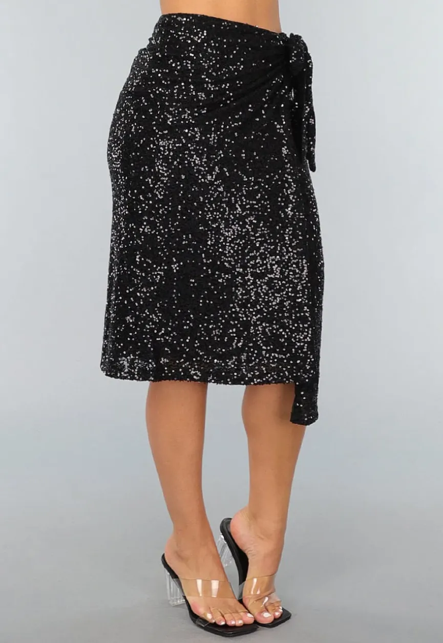 Sequin Midi Wikkelrok in Zwart