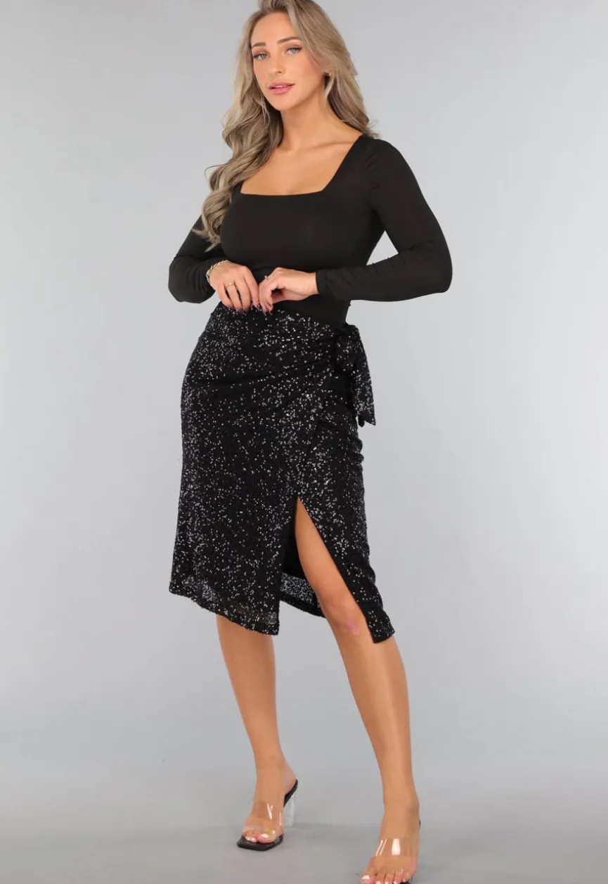 Sequin Midi Wikkelrok in Zwart
