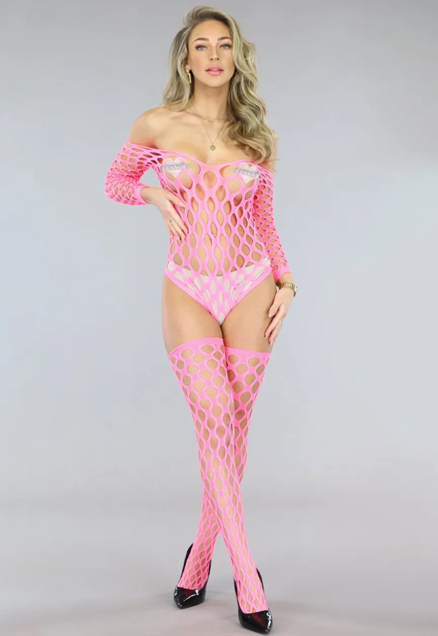 Sexy Neon Roze Visnet Teddy met Kousen