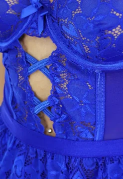 Sexy Royaal Blauwe Lingerie Set met Vast Geplooid Rokje