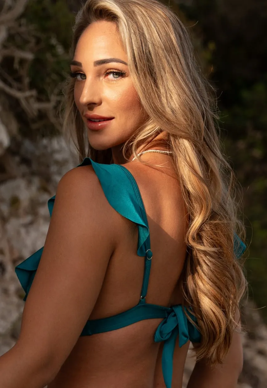 Shimmer Petrol Bikini Top met Ruffles