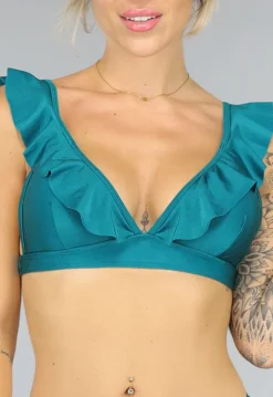 Shimmer Petrol Bikini Top met Ruffles