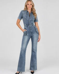 Shortsleeve Denim Jumpsuit met Cargo Zakken