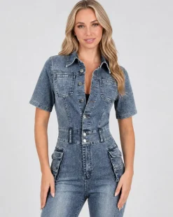 Shortsleeve Denim Jumpsuit met Cargo Zakken