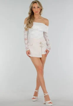 Skort in Beige met Roklook Voorzijde, High Waist en Goudkleurige Knopen
