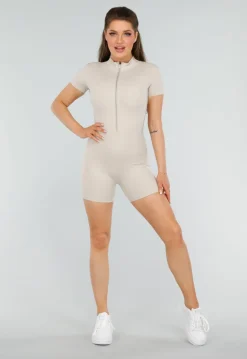 Stijlvolle Beige Sport Playsuit met Ritssluiting