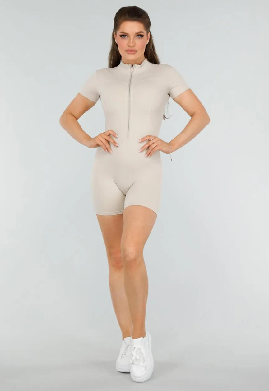 Stijlvolle Beige Sport Playsuit met Ritssluiting