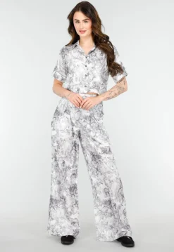 Stijlvolle Set in Zwart-Wit Print met Oversized Blouse en Lange Straight Leg Broek