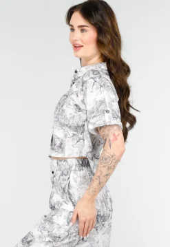 Stijlvolle Set in Zwart-Wit Print met Oversized Blouse en Lange Straight Leg Broek