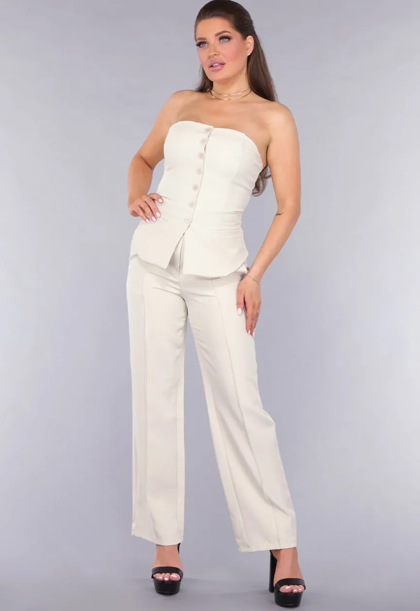 Strapless Beige Co Ord Set met Pantalon
