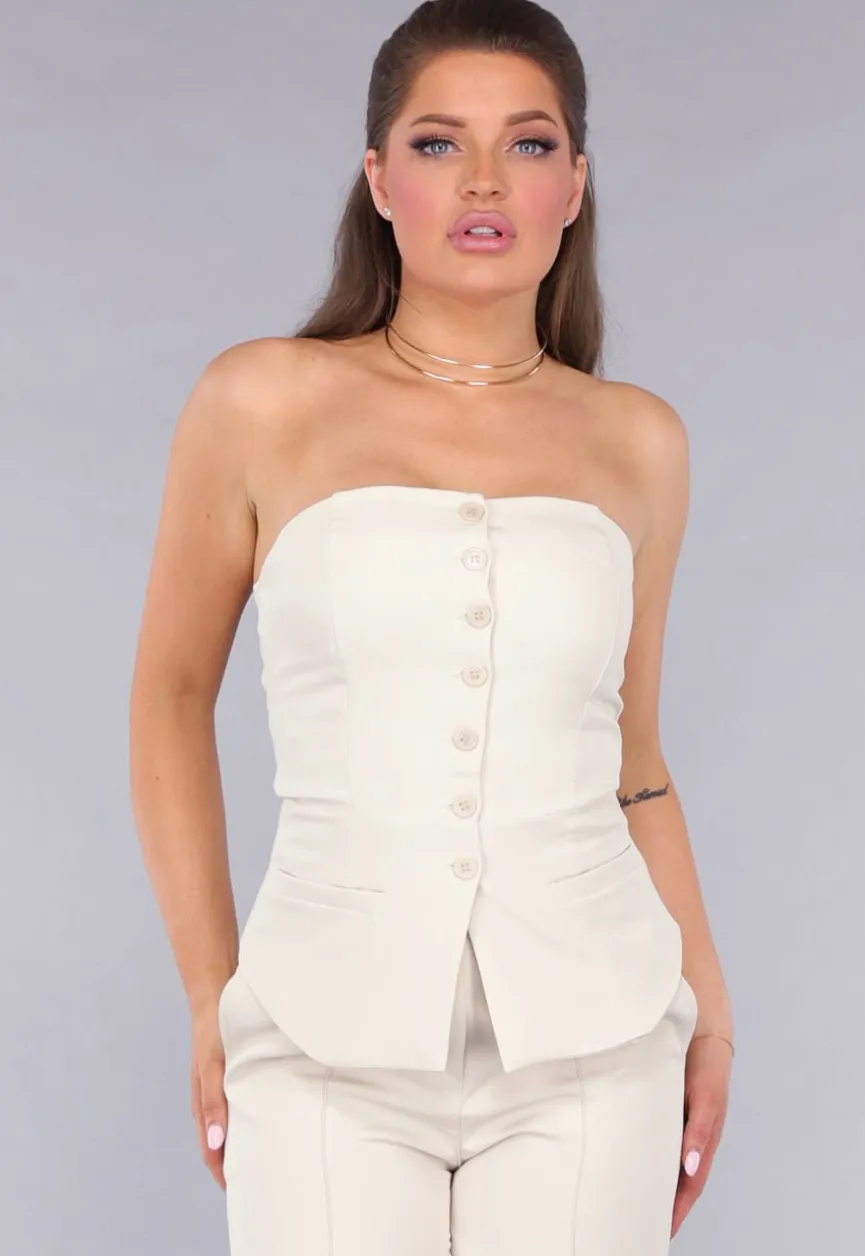 Strapless Beige Co Ord Set met Pantalon