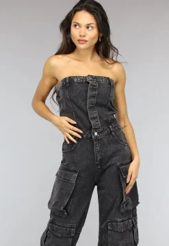 Strapless Denim Cargo Jumpsuit