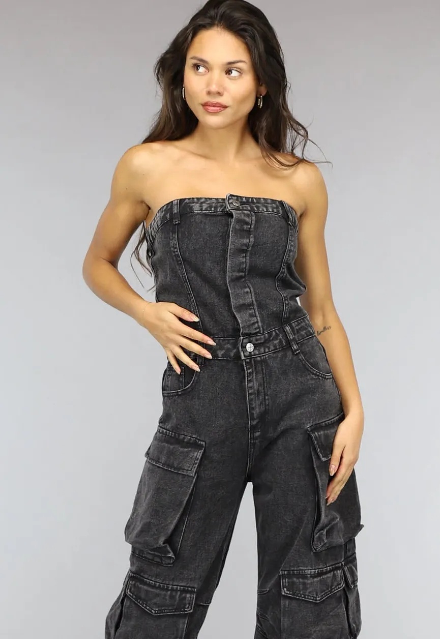 Strapless Denim Cargo Jumpsuit