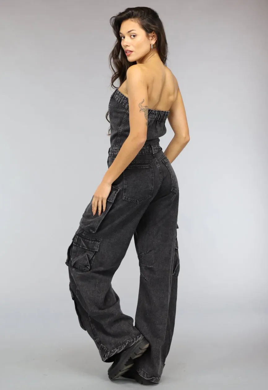 Strapless Denim Cargo Jumpsuit