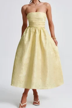 Strapless Midi Jurk in Butter Yellow met Jacquardlook