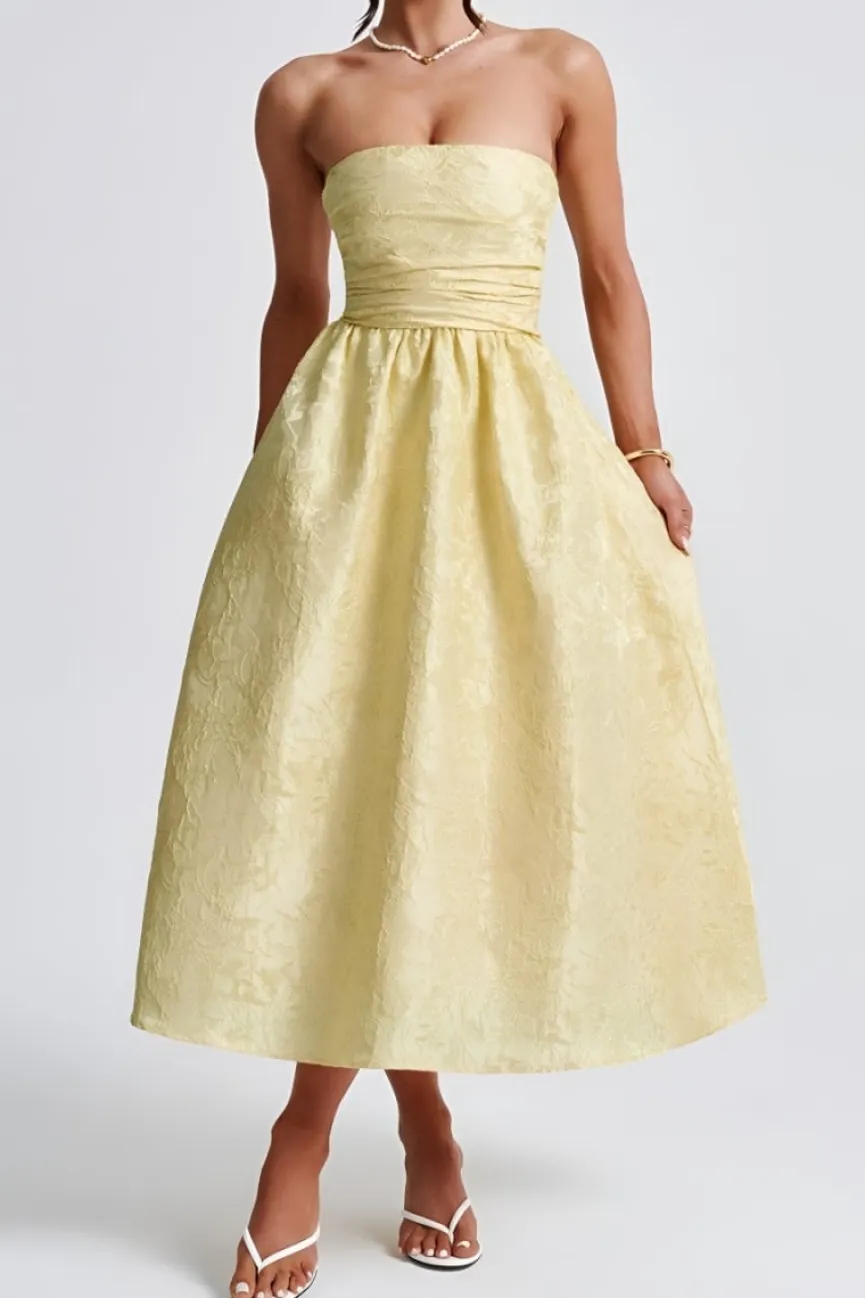 Strapless Midi Jurk in Butter Yellow met Jacquardlook