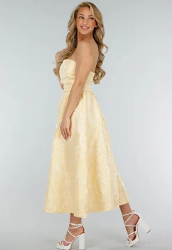 Strapless Midi Jurk in Butter Yellow met Jacquardlook