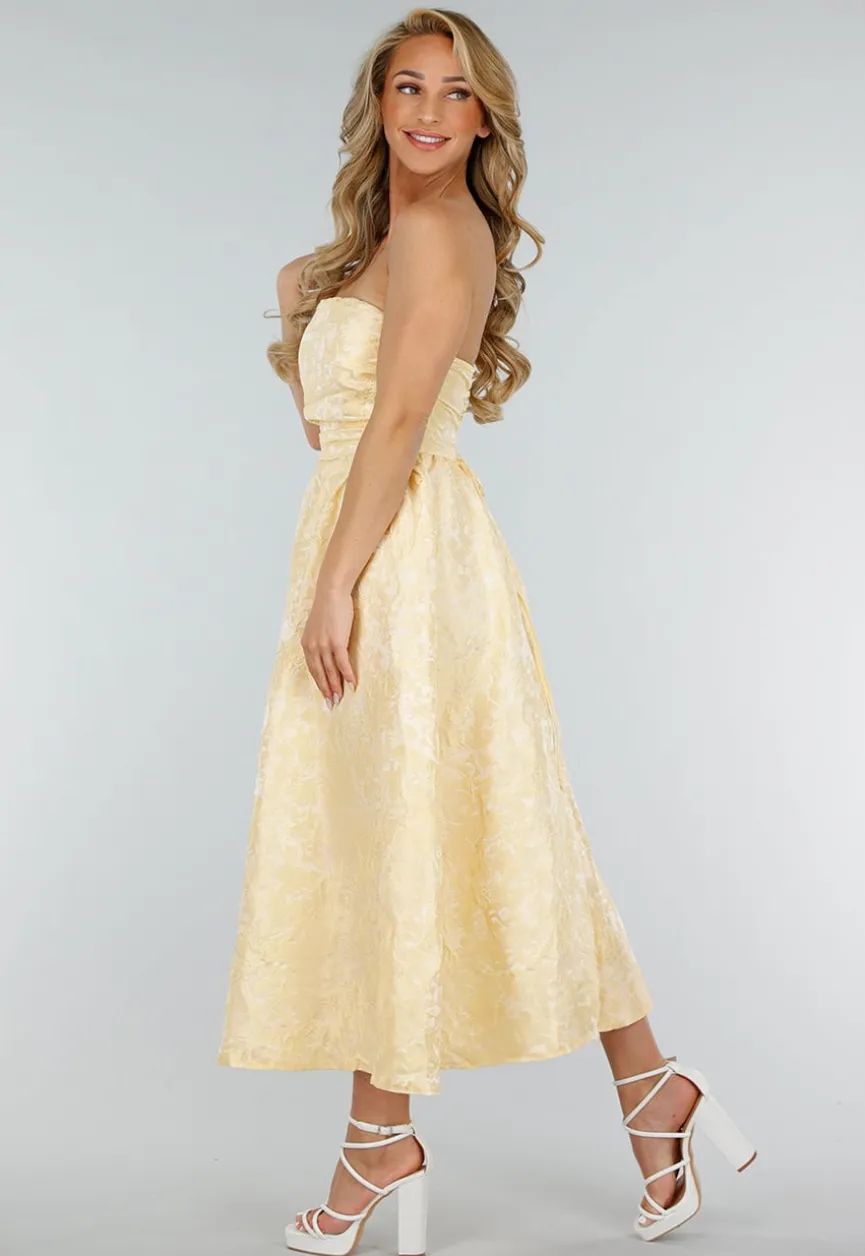 Strapless Midi Jurk in Butter Yellow met Jacquardlook