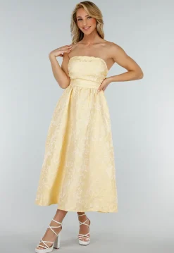 Strapless Midi Jurk in Butter Yellow met Jacquardlook