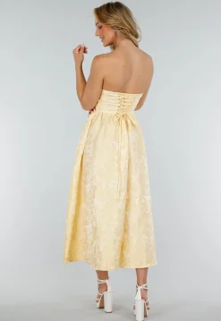Strapless Midi Jurk in Butter Yellow met Jacquardlook