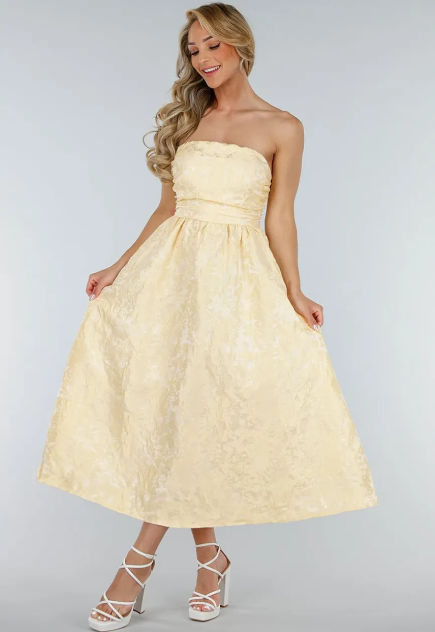 Strapless Midi Jurk in Butter Yellow met Jacquardlook
