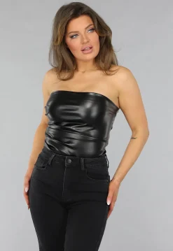 Strapless Zwarte Lederlook Bandeau Top