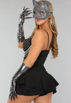 Strass Cat Masker met Zilveren Klauwen Handschoenen