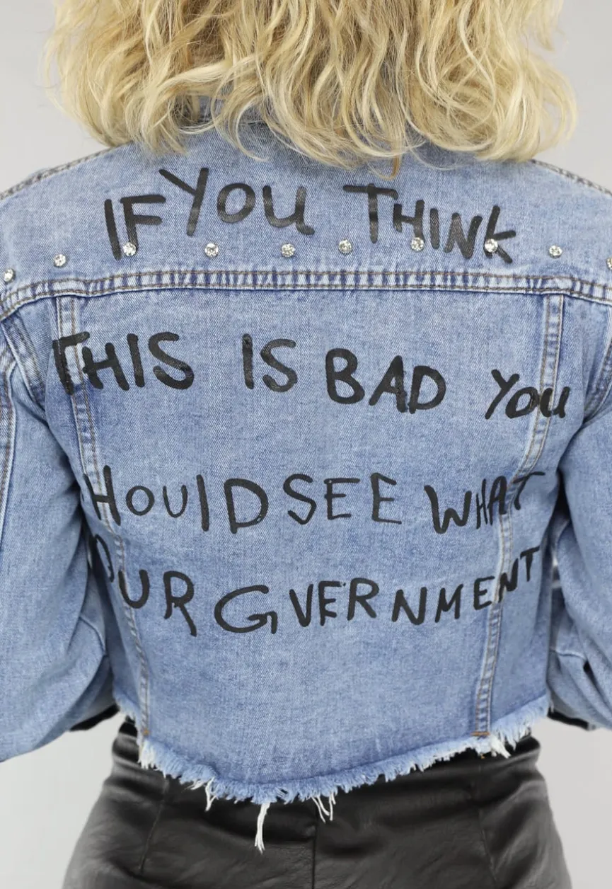 Strass Jeans Jasje met Tekst Opdruk