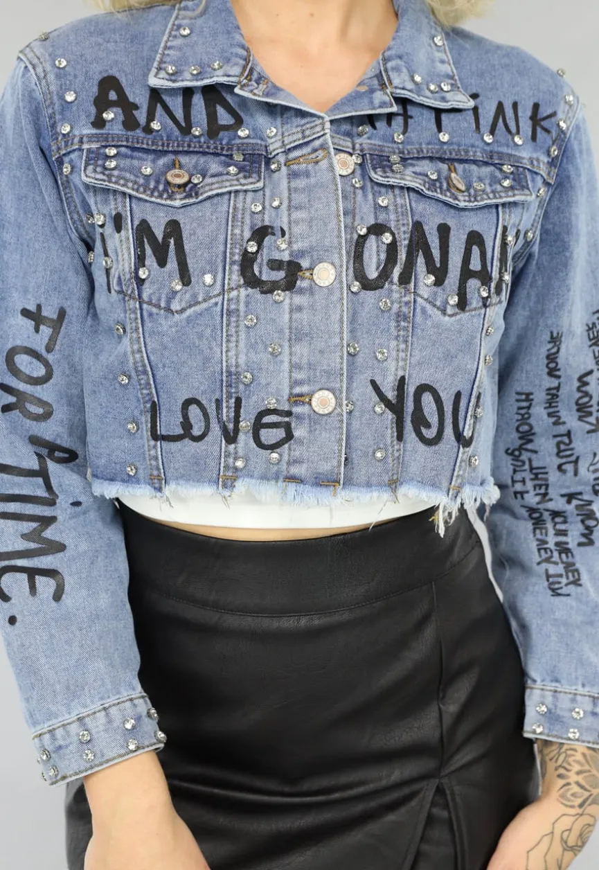 Strass Jeans Jasje met Tekst Opdruk