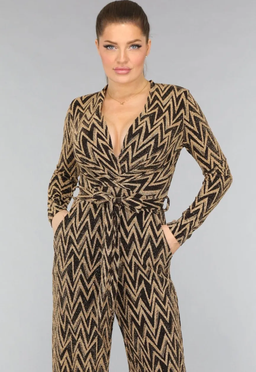 Stretch Gouden Zigzag Jumpsuit met Wide Leg