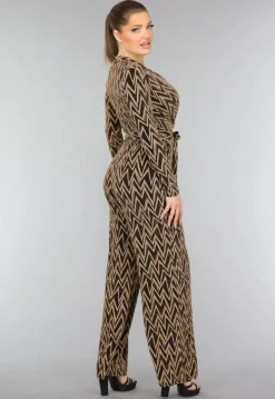 Stretch Gouden Zigzag Jumpsuit met Wide Leg