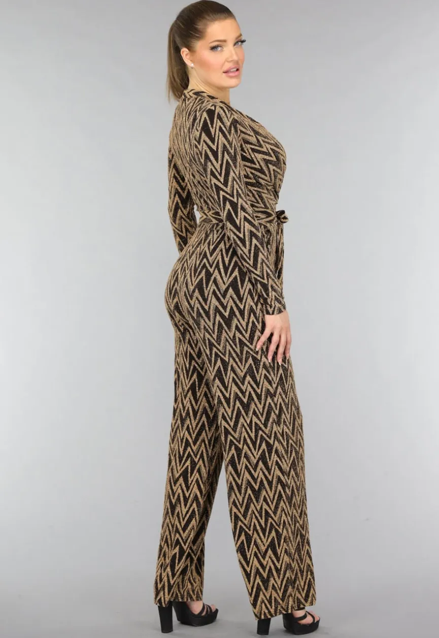 Stretch Gouden Zigzag Jumpsuit met Wide Leg