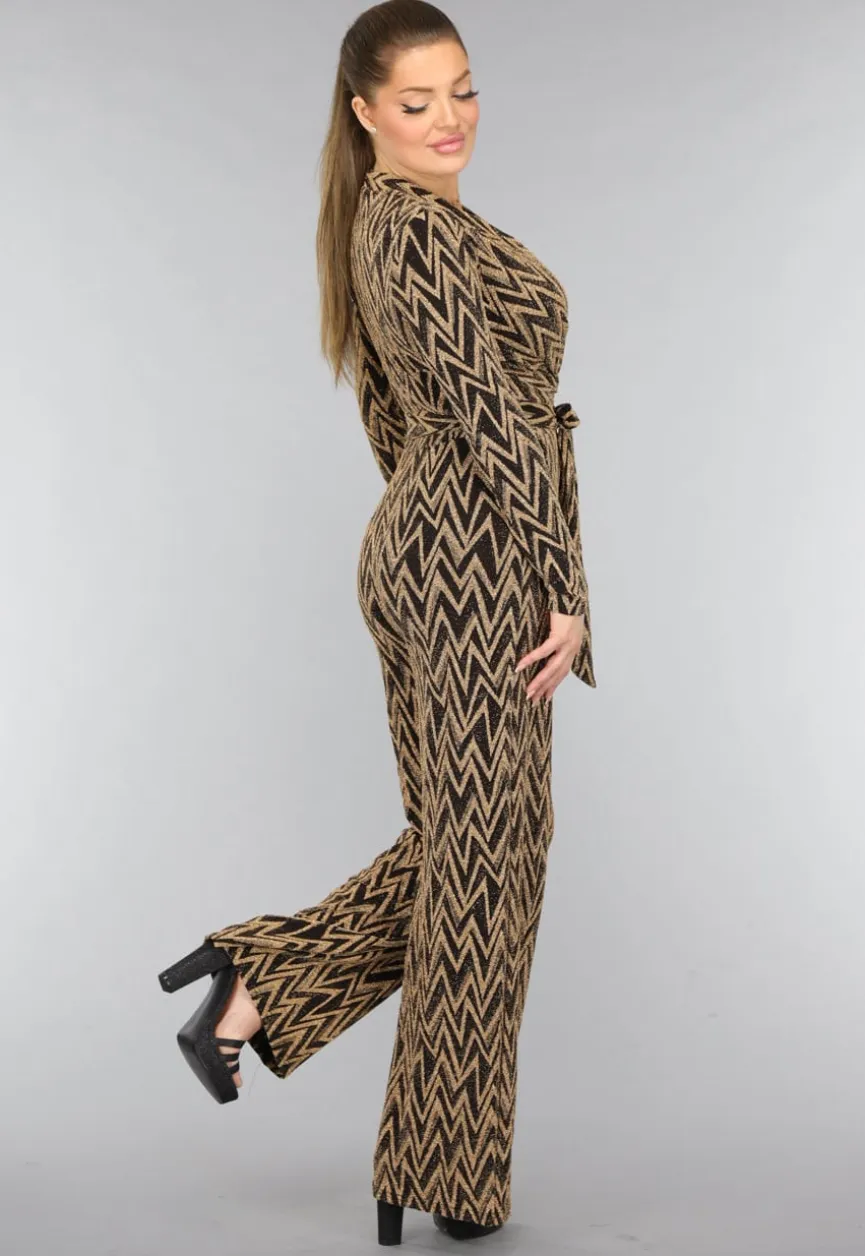 Stretch Gouden Zigzag Jumpsuit met Wide Leg
