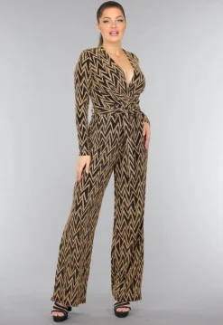 Stretch Gouden Zigzag Jumpsuit met Wide Leg