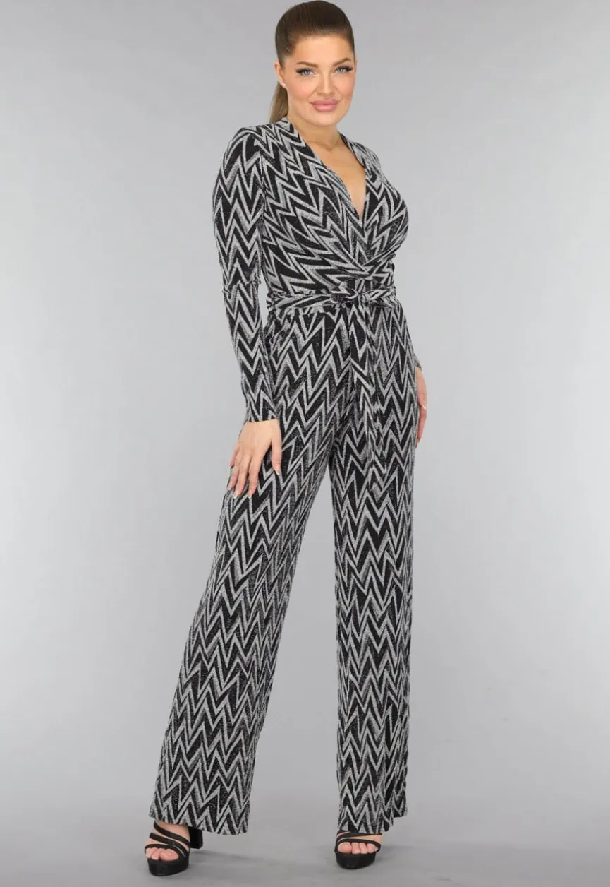 Stretch Jumpsuit met Zilveren Zigzag Glitters