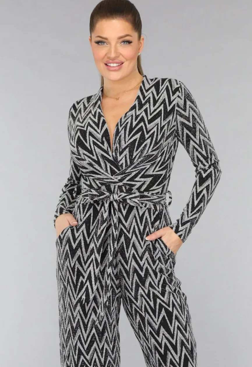 Stretch Jumpsuit met Zilveren Zigzag Glitters
