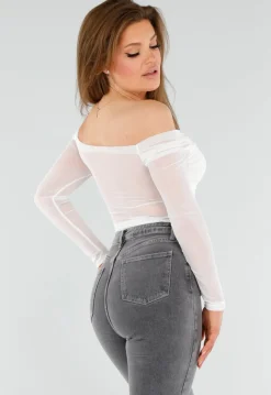 Stretch Off-Shoulder Top in Wit met Meshlook