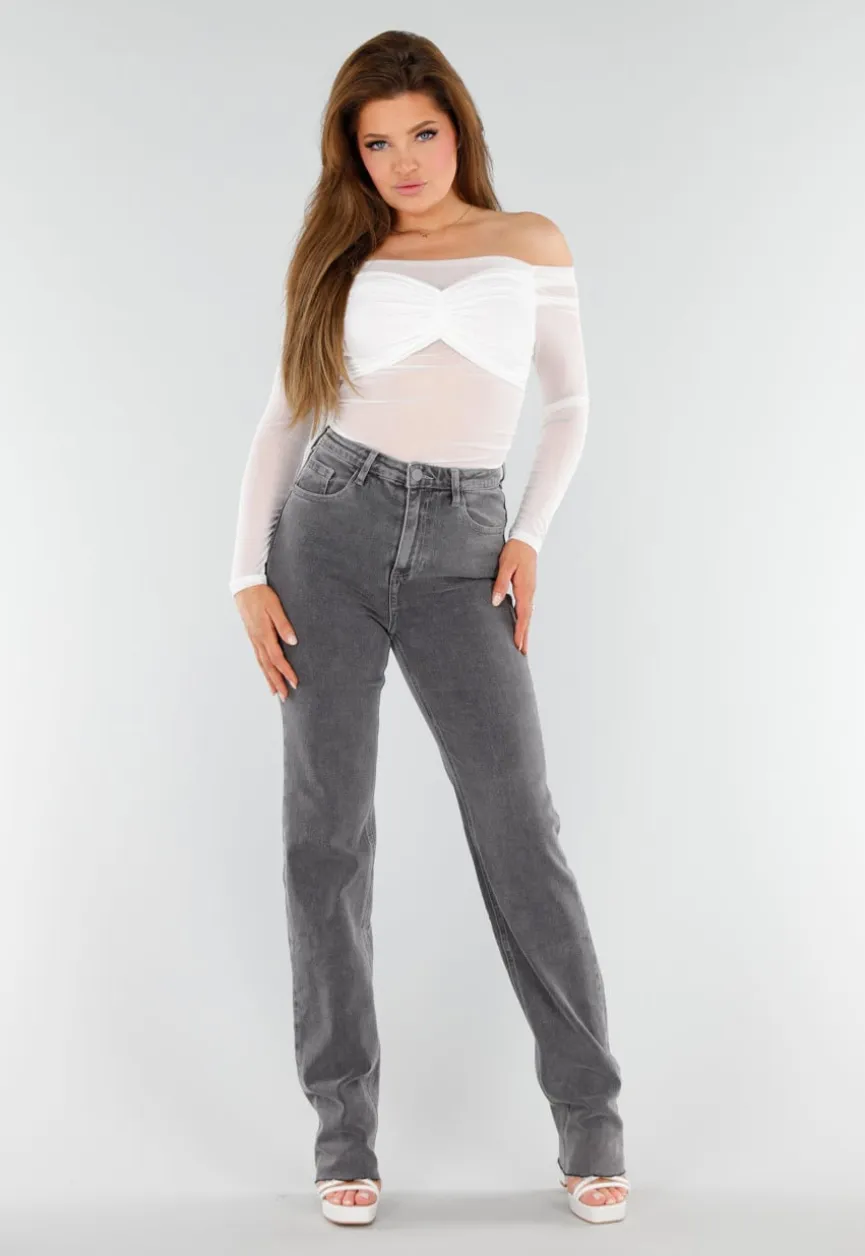 Stretch Off-Shoulder Top in Wit met Meshlook