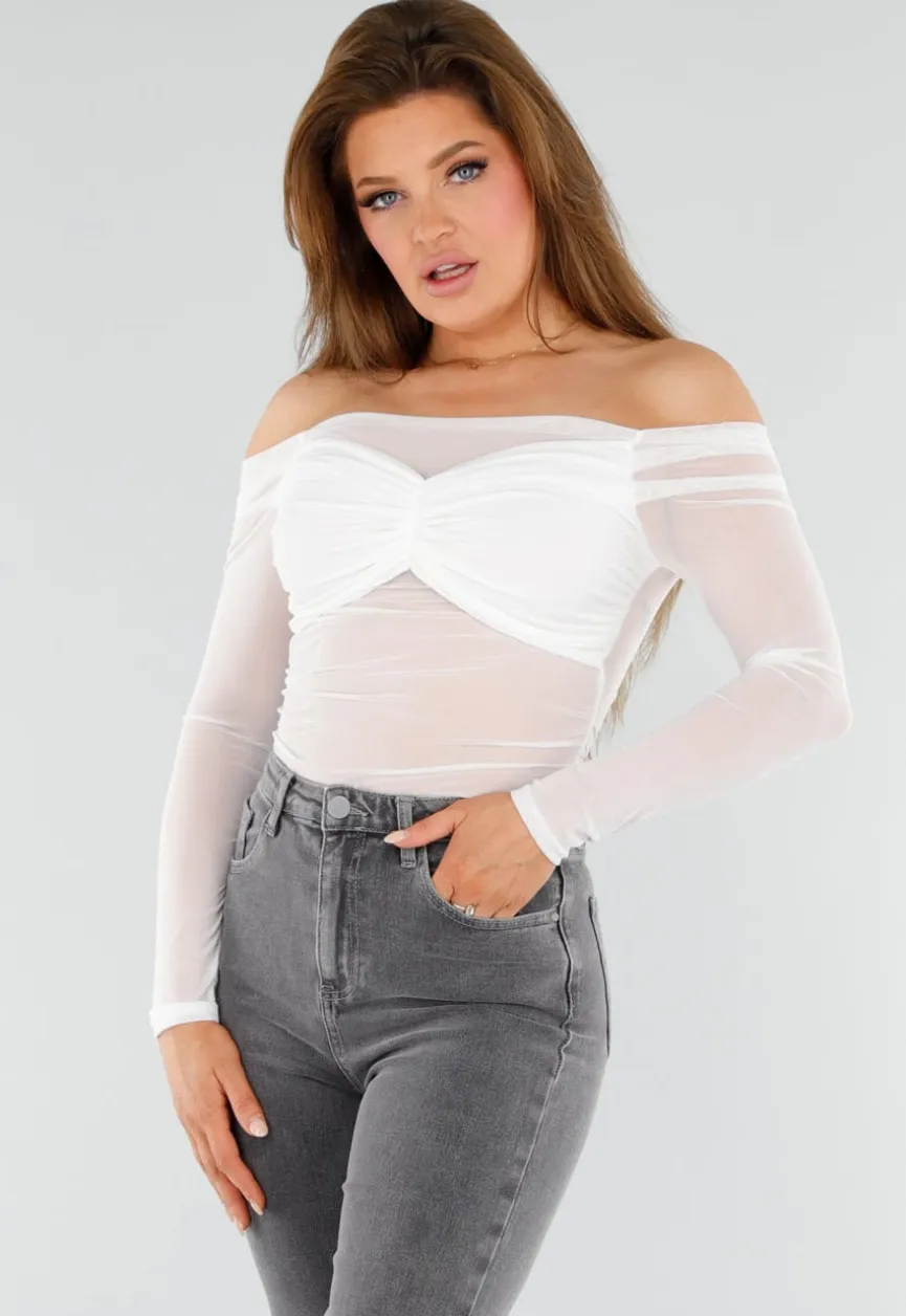 Stretch Off-Shoulder Top in Wit met Meshlook